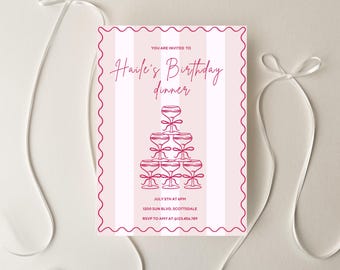 Pink Stripe Birthday Dinner Invitation Template | Editable Cocktail Party Invite, Champagne Tower Digital Download