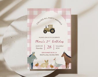 Pink Gingham Farm Birthday Invitation, Calling All Party Animals Invite, Second 2nd Birthday, Tractor Party, Editable Download