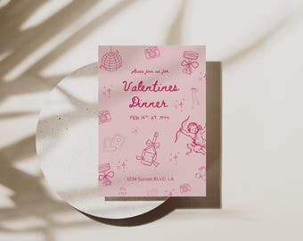 May include: A pink Valentine's Dinner invitation with red illustrations of a disco ball, camera, champagne bottle, and Cupid. The text reads "please join us for Valentines Dinner FEB 14th at 7PM" and the address "1234 Sunset BLVD, LA".