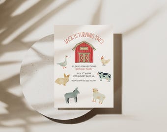 May include: A birthday party invitation with a red barn illustration and the text "Jack is turning two." The invitation includes watercolor illustrations of farm animals like a goose, rabbit, chicken, cow, donkey, and sheep.