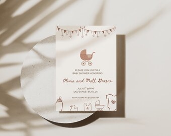 May include: Baby shower invitation with a beige background and brown illustrations. The invitation includes text that reads "Please join us for a baby shower honoring Olivia and Matt Greens." Additional illustrations include a baby carriage and baby clothes.
