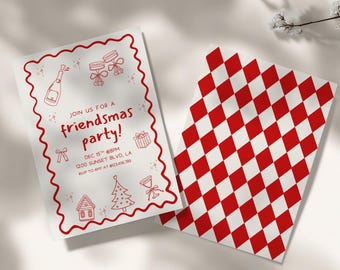 May include: Two white paper invitations with red accents. One features a red border and festive illustrations with the text "Join us for a friendsmas party!" and event details. The other has a red and white diamond pattern.