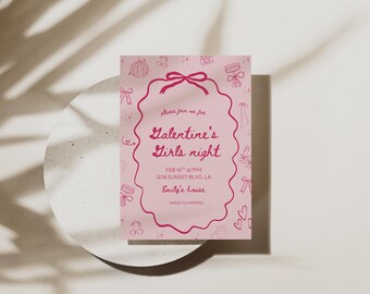 May include: Pink Galentine's Girls Night invitation with a decorative border and bow accents. The invitation includes the date, time, and location: 1234 Sunset Blvd, LA. The text reads "Dress to Impress".