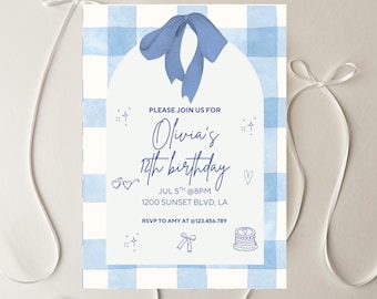 May include: A birthday invitation with a blue gingham pattern background. The invitation reads "PLEASE JOIN US FOR Olivia's 12th birthday" with the date, time, and location. A blue ribbon and decorative elements complete the design.
