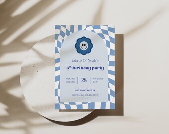Groovy Checkerboard Birthday Invitation Template | Editable Retro Smiley Face Party Invite, Blue Groovy 5th Birthday Digital