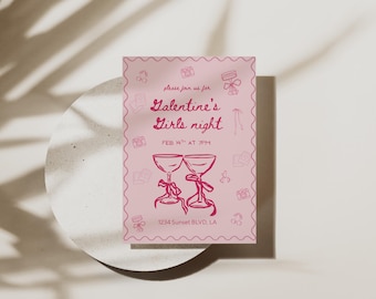 May include: A pink invitation card for a Galentine's Girls Night, featuring text and illustrations in a matching pink hue. The card includes the event details: "Galentine's Girls night" on Feb 14th at 7 PM, and the address 1234 Sunset Blvd, LA.