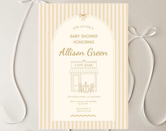 May include: Baby shower invitation with a cream and beige striped background. The invitation features the text "Join us for a Baby Shower Honoring Allison Green" and a cafe illustration. The text "Cafe Babe" is also included.