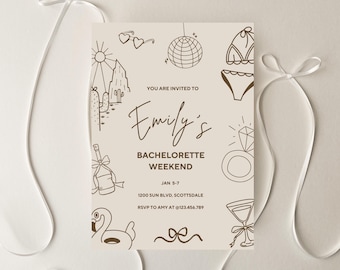 May include: A beige invitation with black line art illustrations for a bachelorette weekend. The invitation includes drawings of sunglasses, a disco ball, a bikini, a diamond ring, a cocktail, and a flamingo. The text reads "Emily's Bachelorette Weekend."