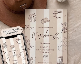 May include: A bachelorette party invitation with a cowboy hat, disco ball, and heart-shaped sunglasses. The invitation on the phone and card reads "Nashville" and "Hailey's Bachelorette Weekend."