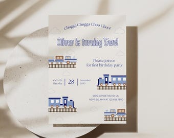 May include: A light beige invitation card with a train theme. The text "Chugga Chugga Choo Choo!" and "Oliver is turning Two!" are at the top. The card includes train illustrations and party details.