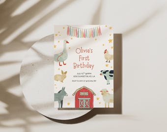 May include: A birthday invitation with a farmyard theme, showing a goose, chicken, cow, sheep, donkey, and rabbit. The text reads "Olivia's First Birthday" with event details. The design includes a red barn and star accents in various colours.