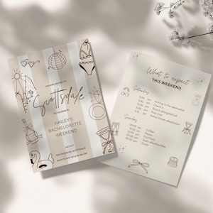 May include: Two beige and white printed cards with a bachelorette weekend theme. One card says "Scottsdale" and "Hailey's Bachelorette Weekend." The other card lists weekend activities. The cards have line drawings of a bikini, ring, and other party-related icons.