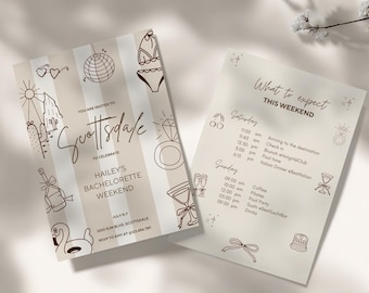 May include: Two beige and white printed cards with a bachelorette weekend theme. One card says "Scottsdale" and "Hailey's Bachelorette Weekend." The other card lists weekend activities. The cards have line drawings of a bikini, ring, and other party-related icons.