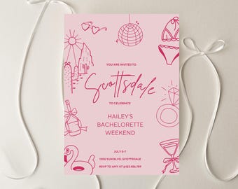 May include: Pink bachelorette party invitation with illustrations of sunglasses, a disco ball, bikini, diamond ring, cocktail, and a flamingo floatie. The invitation reads "Scottsdale" and "Hailey's Bachelorette Weekend."