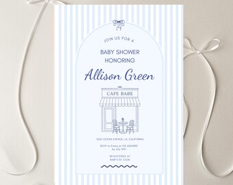 May include: Baby shower invitation with a light blue striped background. The invitation features the text "Join us for a Baby Shower Honoring Allison Green." A graphic of a cafe is included, along with RSVP details.