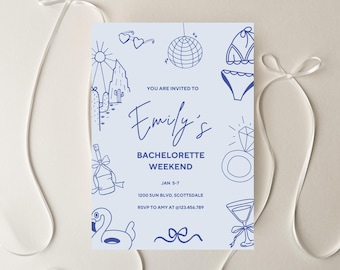 May include: A light blue invitation card with a bachelorette weekend theme. The card features hand-drawn illustrations of sunglasses, a disco ball, a bikini, a diamond ring, a cocktail, and a flamingo. The text reads "Emily's Bachelorette Weekend".