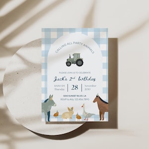 Rustic Gingham Farm Birthday Invitation, Calling All Party Animals Invite, Second 2nd Birthday, Tractor Party, Editable Download
