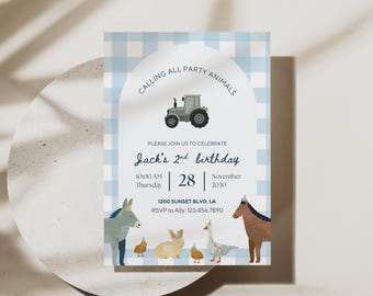 Rustic Gingham Farm Birthday Invitation, Calling All Party Animals Invite, Second 2nd Birthday, Tractor Party, Editable Download