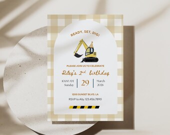 Construction Birthday Invitation, Editable Excavator Invite, Ready Set Dig Boys 2nd Birthday, Neutral Gingham Arch Template Canva Download