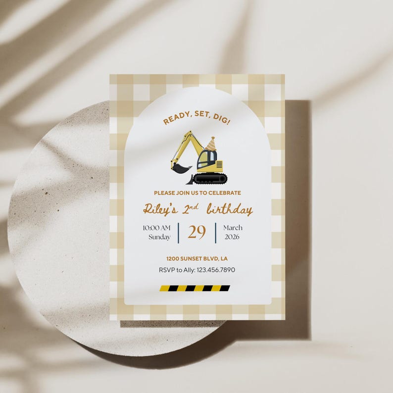 Construction Birthday Invitation, Editable Excavator Invite, Ready Set Dig Boys 2nd Birthday, Neutral Gingham Arch Template Canva Download image 1