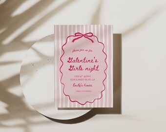 May include: A pink and white striped invitation card for a Galentine's Girls Night event. The card features a pink scalloped frame with a bow at the top and the event details: date, time, location, and dress code.
