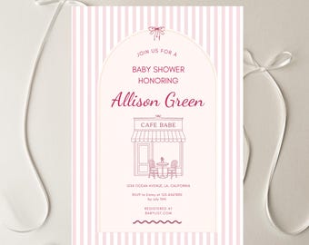 May include: Pink and white striped baby shower invitation with the text "Join us for a Baby Shower Honoring Allison Green." The invitation features a cafe illustration and RSVP information.