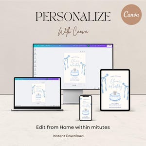 May include: A digital invitation design displayed on various devices, including a laptop, desktop monitor, tablet, and smartphone. The invitation features a light blue watercolor cake and ribbon design with the text "Olivia's 2nd birthday". The image also includes the text "Personalize With Canva".