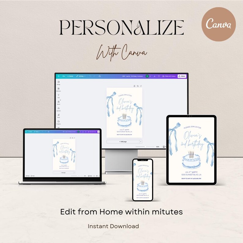 May include: A digital invitation design displayed on various devices, including a laptop, desktop monitor, tablet, and smartphone. The invitation features a light blue watercolor cake and ribbon design with the text "Olivia's 2nd birthday". The image also includes the text "Personalize With Canva".