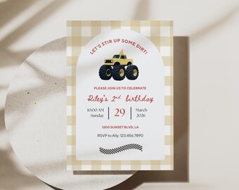 Monster Truck Birthday Invitation, Editable Let's Stir Up Some Dirt Invite, Boys 2nd Birthday, Neutral Gingham Arch Template Canva