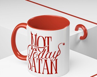Not Today Satan Accent Mug | Funny Devil Horns Typography Coffee Cup | Sassy Statement Mug | Red and White Mug | Cozy Halloween Homeware