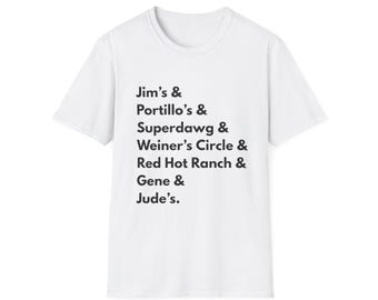 Camiseta para amantes de los perritos calientes de Chicago / Camiseta con tipografía de lugares clásicos de perritos calientes de Chicago / Regalo para amantes de los perritos calientes / Recuerdo de Chicago / Portillo's Superdawg