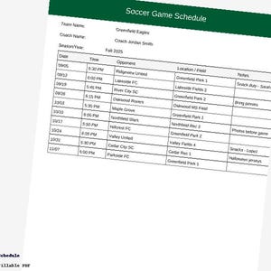 Soccer Game Schedule Printable & Fillable PDF – Team Sports Planner, Editable Season Game Sheet, Instant Digital Download