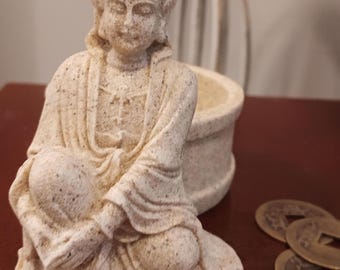 Kneeling Kwan Yin Sandstone Candle Holder: Spiritual Boho Decor