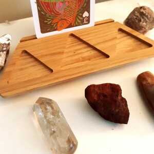 Handcrafted Oak Trinity Card & Crystal Holder: Sacred Space Decor