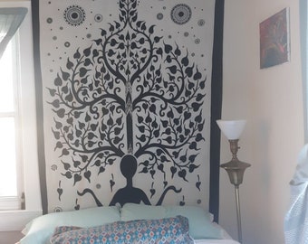 Meditating Under Tree of Life Tapestry Wall Hanging | Positive Vibe Decor | Boho Style Spiritual Backdrop Meditation Room