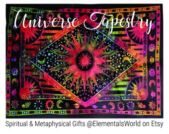 Universe Tapestry Sun Moon Planets Universal Love Multicolor Wall Hanging | Sacred Space Studio & Home Decor Good Vibes Eclectic Boho Style