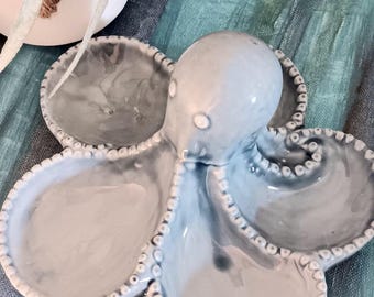 SALE Blue Ceramic Octopus Divided Bowl | Mermaid Party Luau Decor | Ring Holder | Boho Coastal Decor