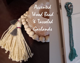 Long Wood Bead Garland with Tassels Boho Decor Bohemian Style Natural Wood Jute Decorative Beads Neutral Color Scheme Curtain Tie Backs