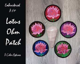 Lotus Ohm Embroidered Patch 3-1/4" Round Boho Clothing Five Color Options - Sacred Space Coaster Om Altar Decor