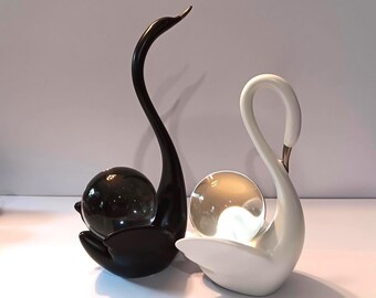 Valentine Swan Figurine Set | Black and White Swans with Crystal Ball, Anniversary Gift
