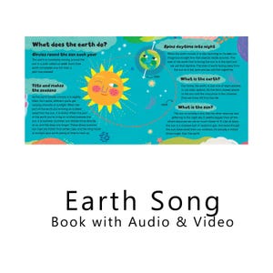 May include: An educational book spread titled "Earth Song" with the subtitle "Book with Audio & Video." The page has illustrations of the sun, Earth, and diagrams explaining Earth's movements and seasons, all set against a blue background.