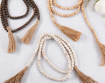 Mango Wood Bead Garland with Jute Tassels: Rustic Boho Decor