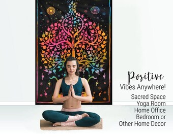 Multicolor Meditating Under Tree of Life Wall Hanging Sacred Space Decor | Positive Vibe Decor Boho Style Spiritual Backdrop Meditation Room