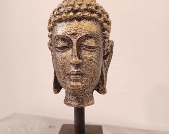 Buddha Head on Block Stand | Reproduction of Antique Artwork | Brass-like Buddha