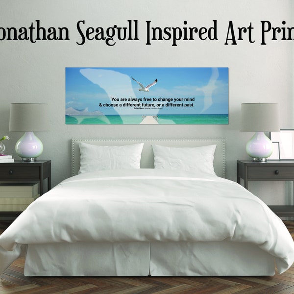 Jonathan Livingston Seagull Inspired Art Print Inspirational Graphic Art Design Coastal Beach Scene Ocean Pier Metaphysical Wall Art Decor