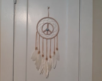 Peace Dreamcatcher Natural Theme Peace Sign White Feathers Native American Spiritual Decor Good Vibes Peaceful Sleep Boho Style Sacred Space