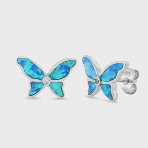 Sterling Silver Lab Opal Butterfly CZ Earrings – Dainty Blue Inlay Studs for Women, Everyday & Special Occasion Jewelry