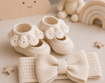 Handgehäkelte Babyschuhe für Mädchen | Schuhe mit Rüschen und Blumenmuster, Geschenk zur Geburt, aus brasilianischer Baumwolle