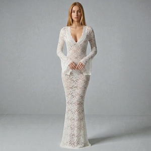 Sheer Lace Maxi Dress: V-Neck, Flare Sleeve, Bodycon Clubwear