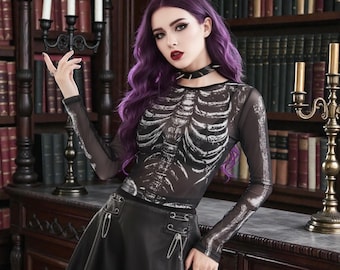 Halloween Gothic Skeleton Crop Top, Black Skull Mesh Long Sleeve Women’s Tee